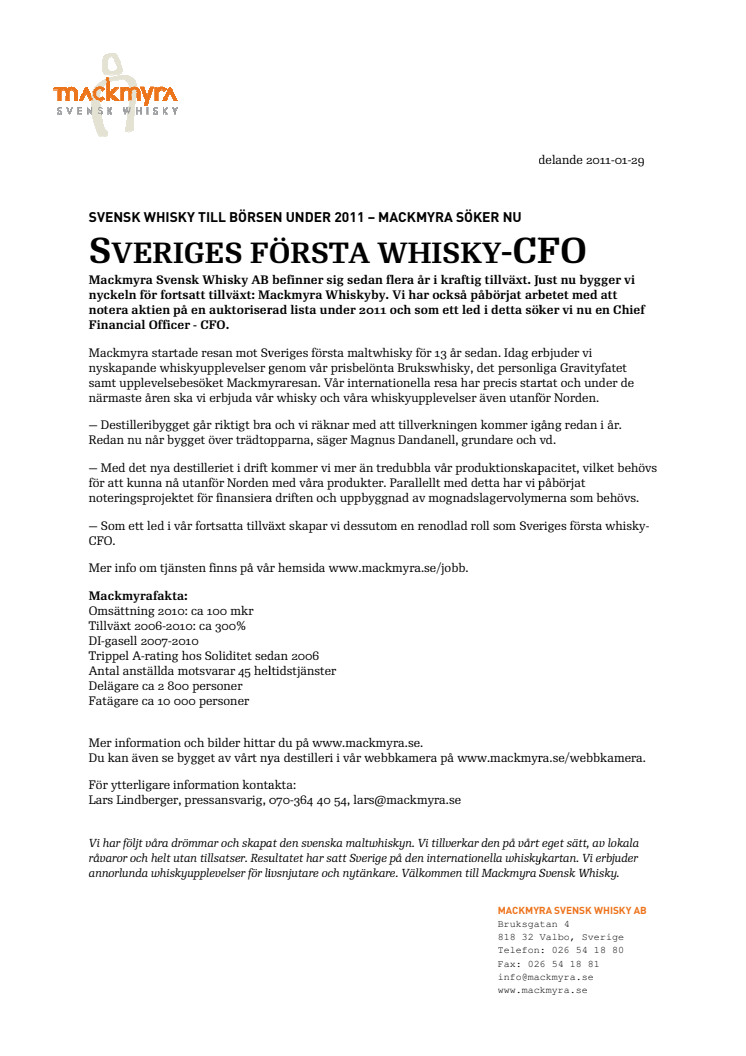 Svensk whisky till börsen under 2011 – Mackmyra söker nu Sveriges första whisky-CFO