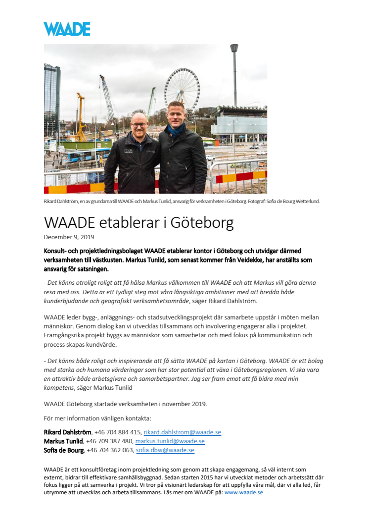 WAADE etablerar verksamhet i Göteborg