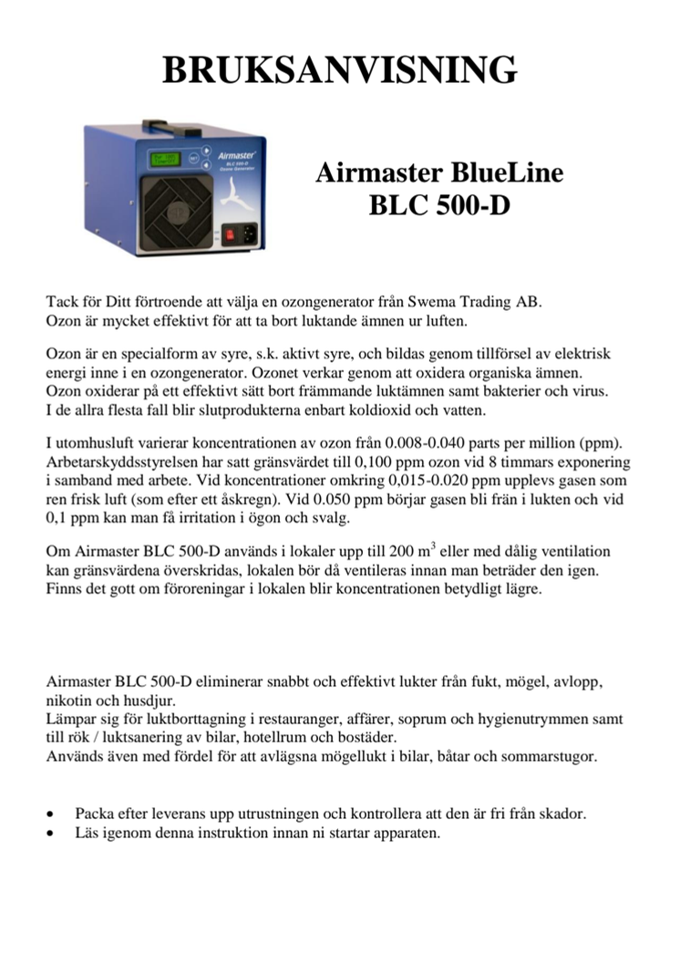 Airmaster BLC 500-D bruksanvisning