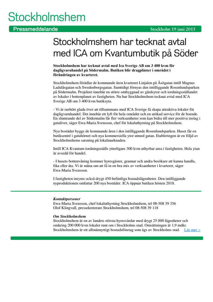 Stockholmshem har tecknat avtal med ICA om Kvantumbutik på Söder
