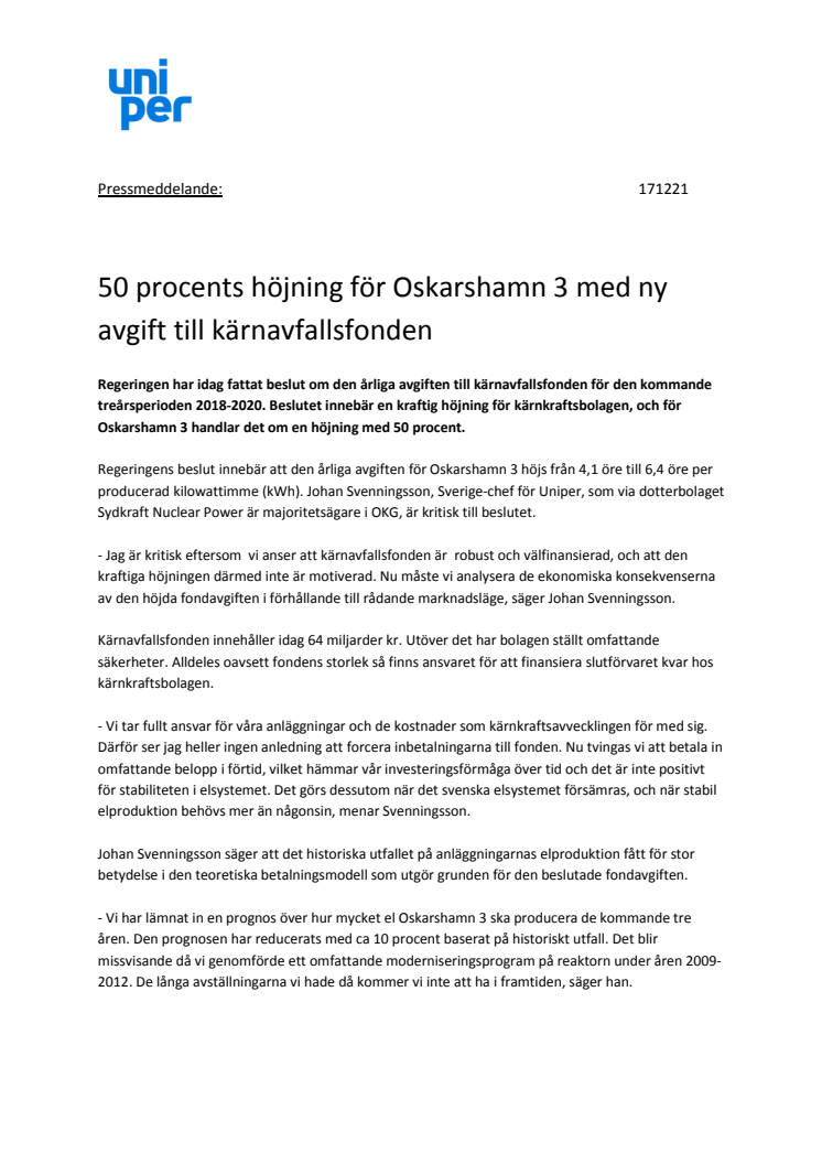 50 procents höjning för Oskarshamn 3 med ny avgift till kärnavfallsfonden 