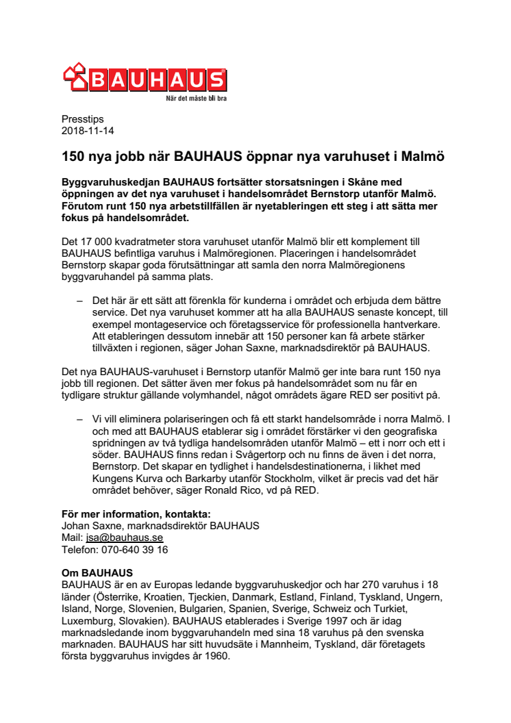 150 nya jobb när BAUHAUS öppnar nya varuhuset i Malmö