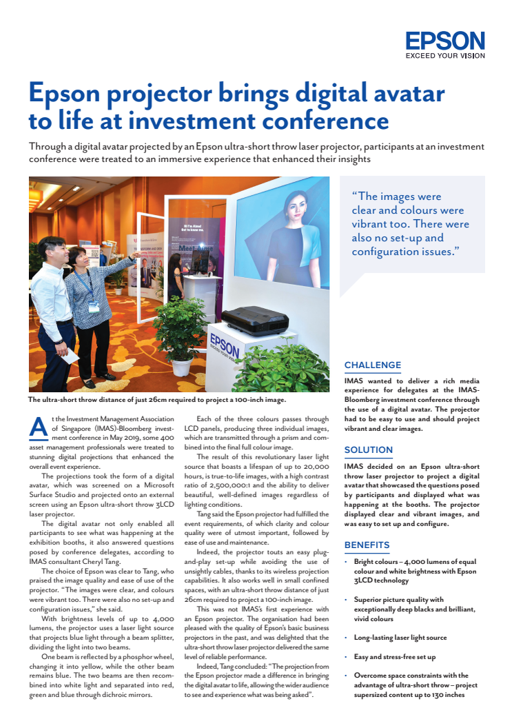 Epson projector brings digital avatar to life at investment conference