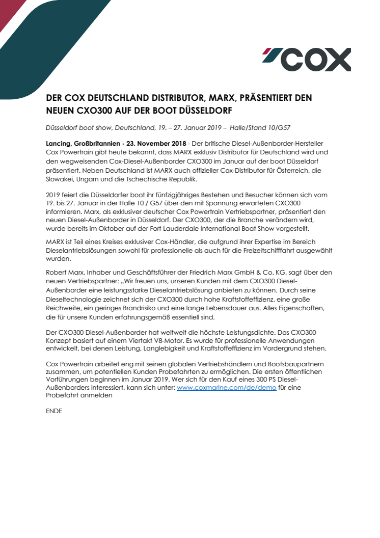 Cox Powertrain: Der Cox Deutschland Distributor, MARX, Präsentiert Den Neuen CXO300 Auf Der Boot Düsseldorf