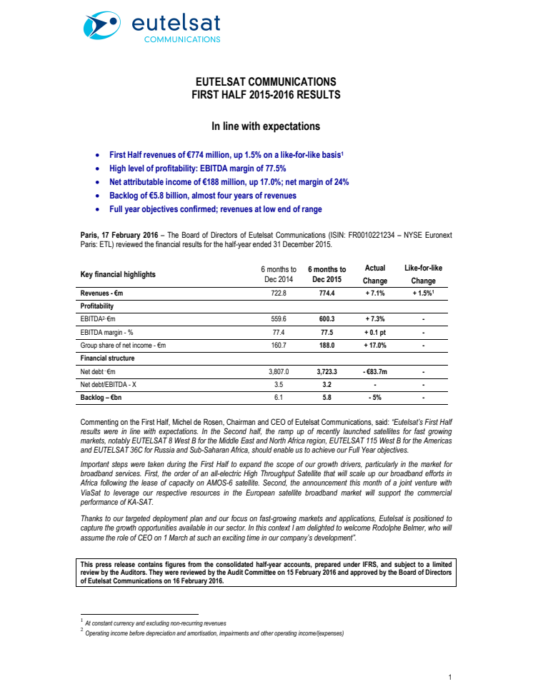 EUTELSAT COMMUNICATIONS FIRST HALF 2015-2016 RESULTS 