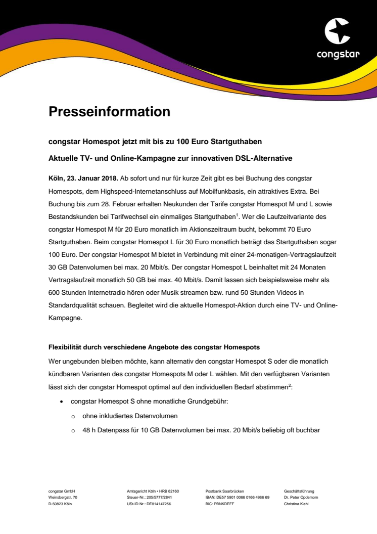 congstar Homespot jetzt mit bis zu 100 Euro Startguthaben - Aktuelle TV- und Online-Kampagne zur innovativen DSL-Alternative