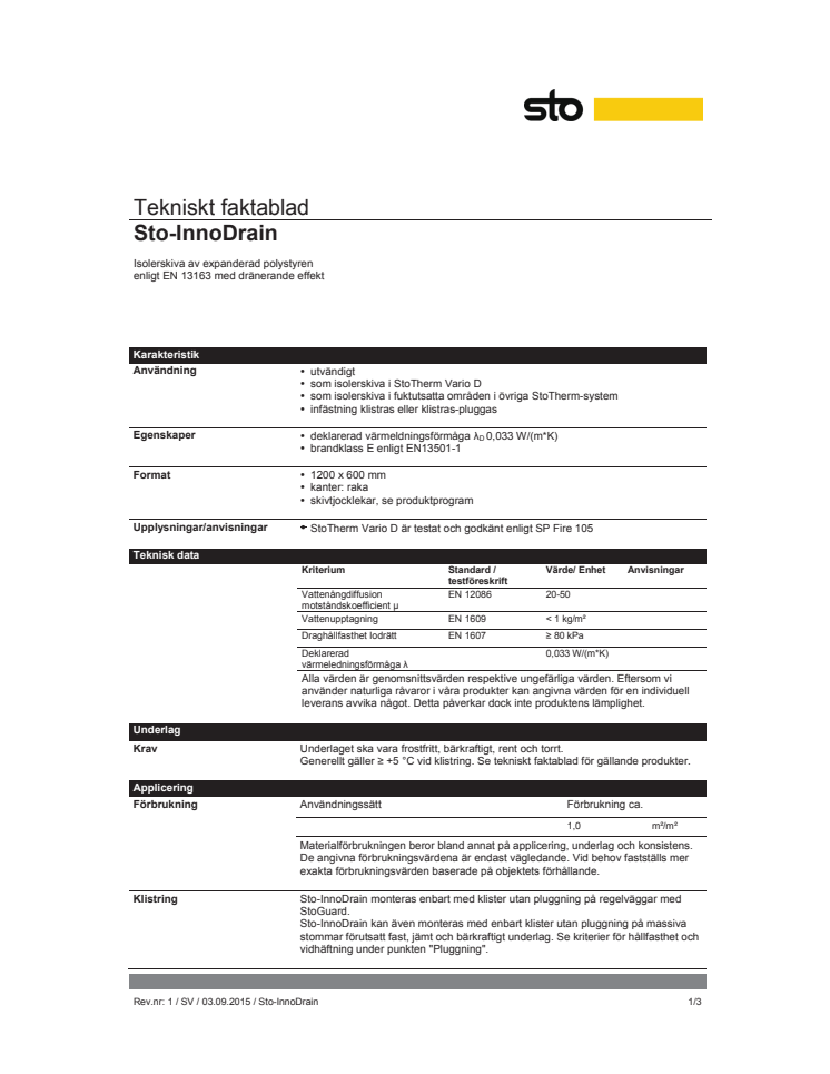 Tekniskt faktablad isolerskiva Sto-InnoDrain
