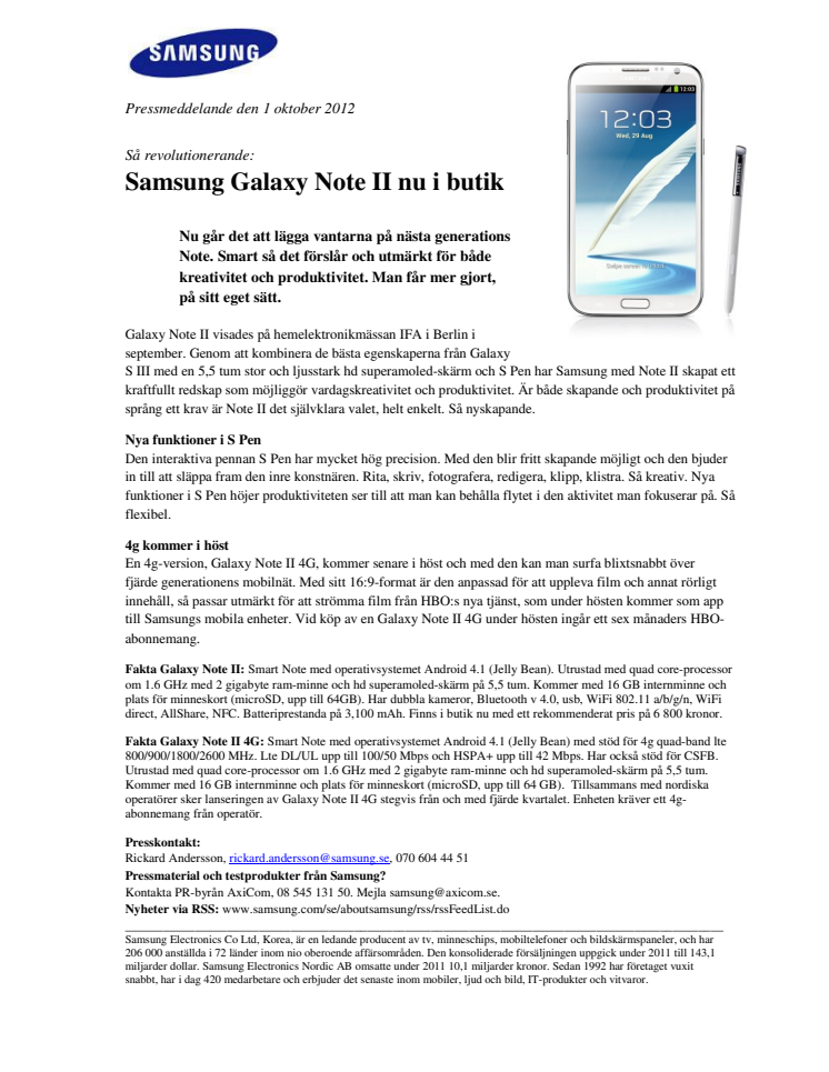 Samsung Galaxy Note II nu i butik