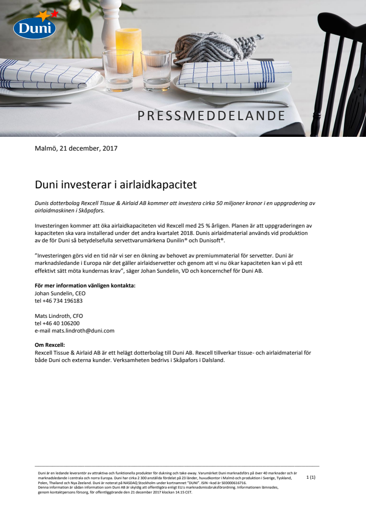 Duni investerar i airlaidkapacitet