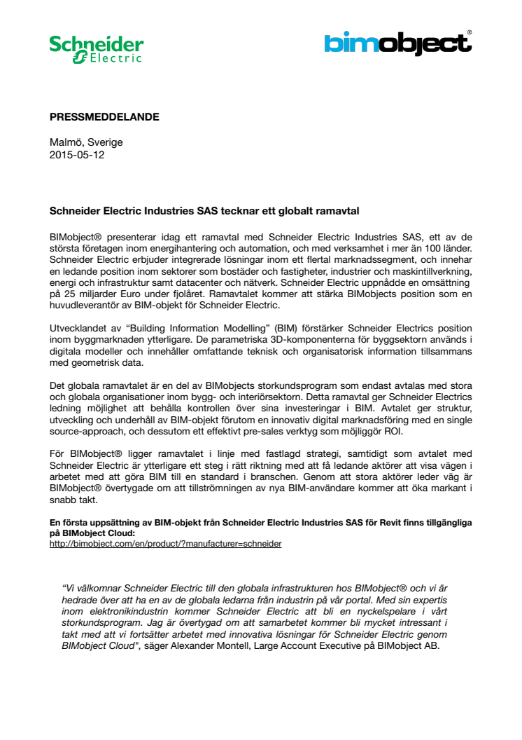 Schneider Electric Industries SAS tecknar ett globalt ramavtal
