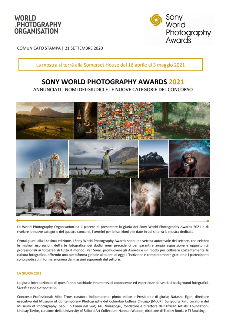 Sony World Photography Awards 2021 - Annunciati i nomi dei giudici e le nuove categorie del concorso 