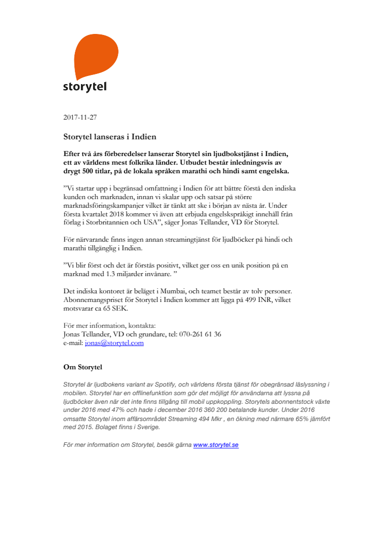 Storytel lanseras i Indien