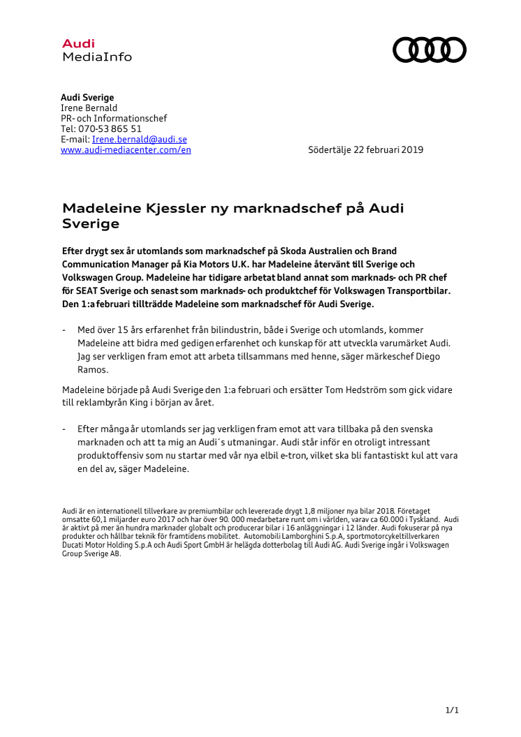 Madeleine Kjessler ny marknadschef på Audi Sverige