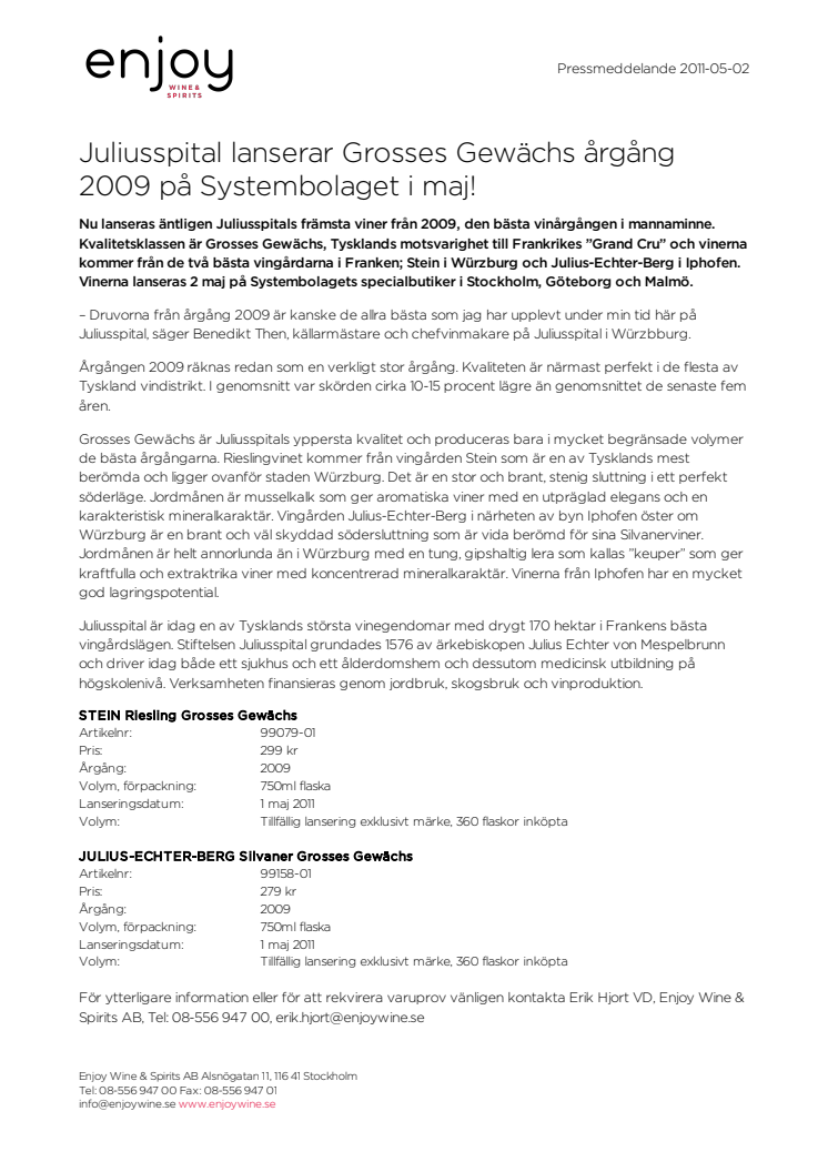 Juliusspital lanserar Grosses Gewächs årgång 2009 på Systembolaget i maj