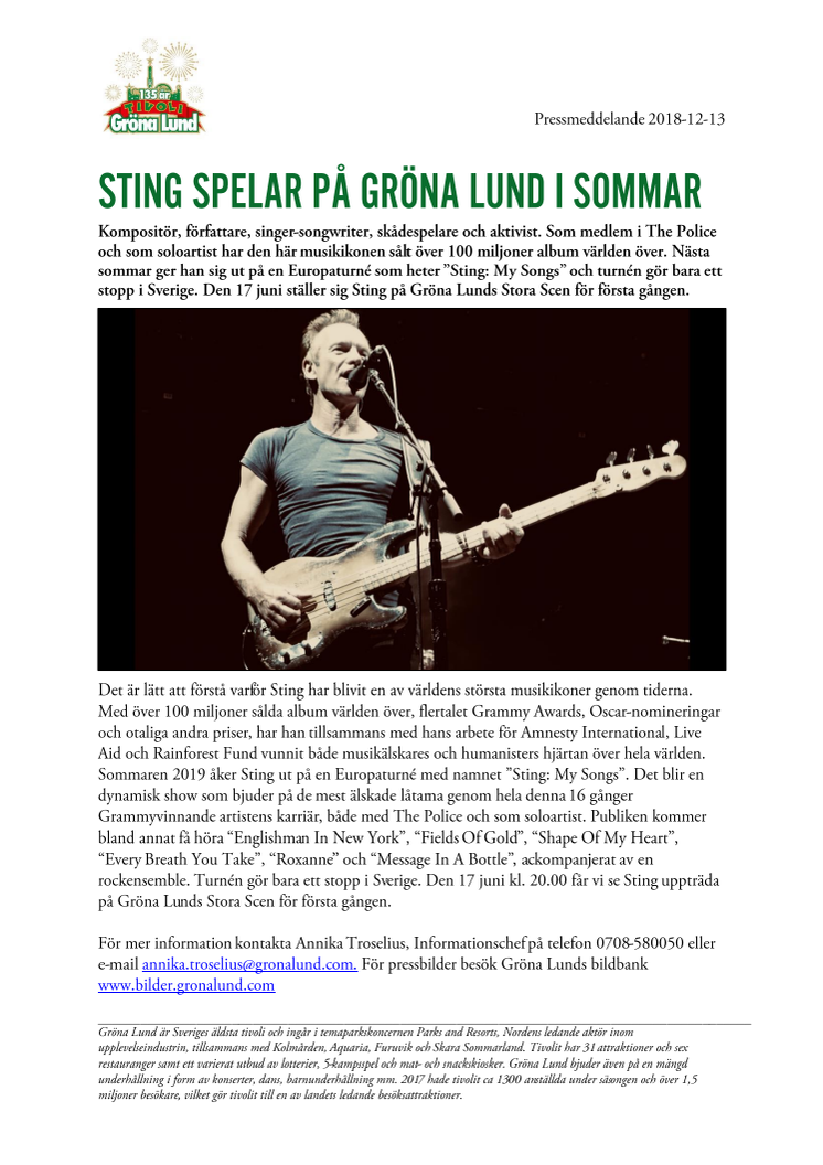 Sting spelar på Gröna Lund i sommar