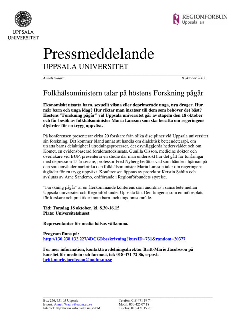 Folkhälsoministern talar på höstens Forskning pågår