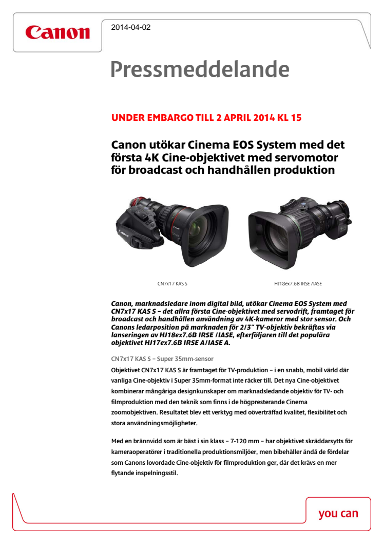 Canon utökar Cinema EOS System med det första 4K Cine-objektivet med servomotor  för broadcast och handhållen produktion