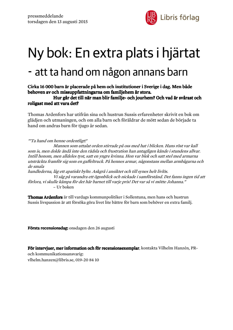 Ny bok: En extra plats i hjärtat - att ta hand om någon annans barn