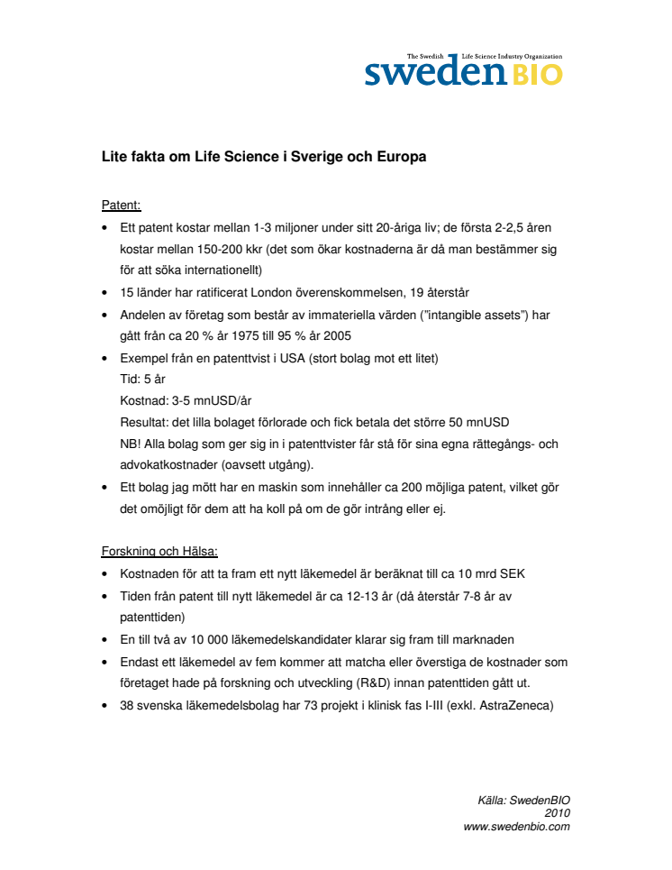 Lite fakta om Life Science i Sverige och Europa - SwedenBIO