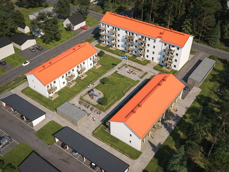 Översiktsillustration av det nya kvarteret BoKlok Polarnatten i Gällivare. 
