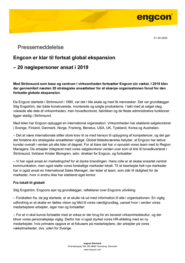 Engcon er klar til fortsat global ekspansion – 20 nøglepersoner ansat i 2019