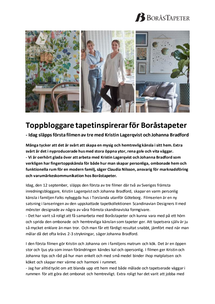 ​Toppbloggare tapetinspirerar för Boråstapeter - Idag släpps första filmen av tre med Kristin Lagerqvist och Johanna Bradford