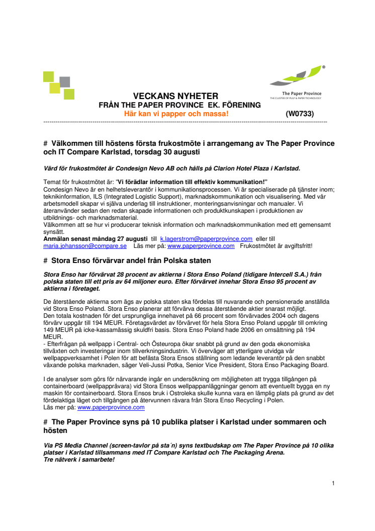 <b>Veckans Nyhetsbrev från The Paper Province Ek. för., W0733</b>