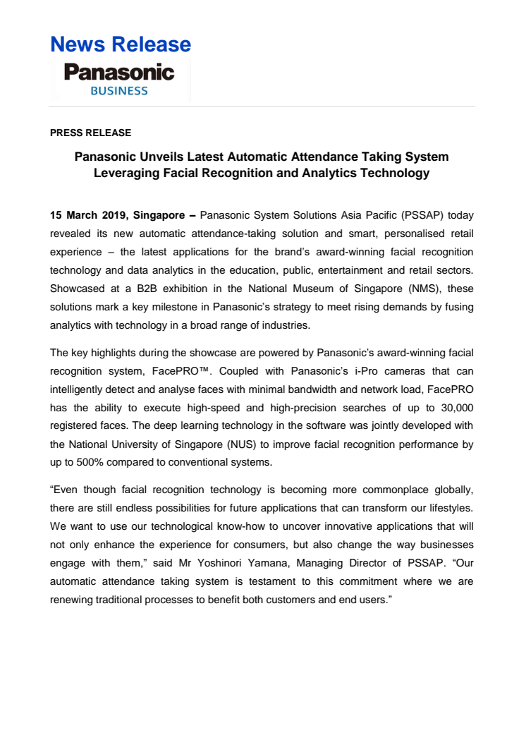 Panasonic Unveils Latest Automatic Attendance Taking System  Leveraging Facial Recognition and Analytics Technology