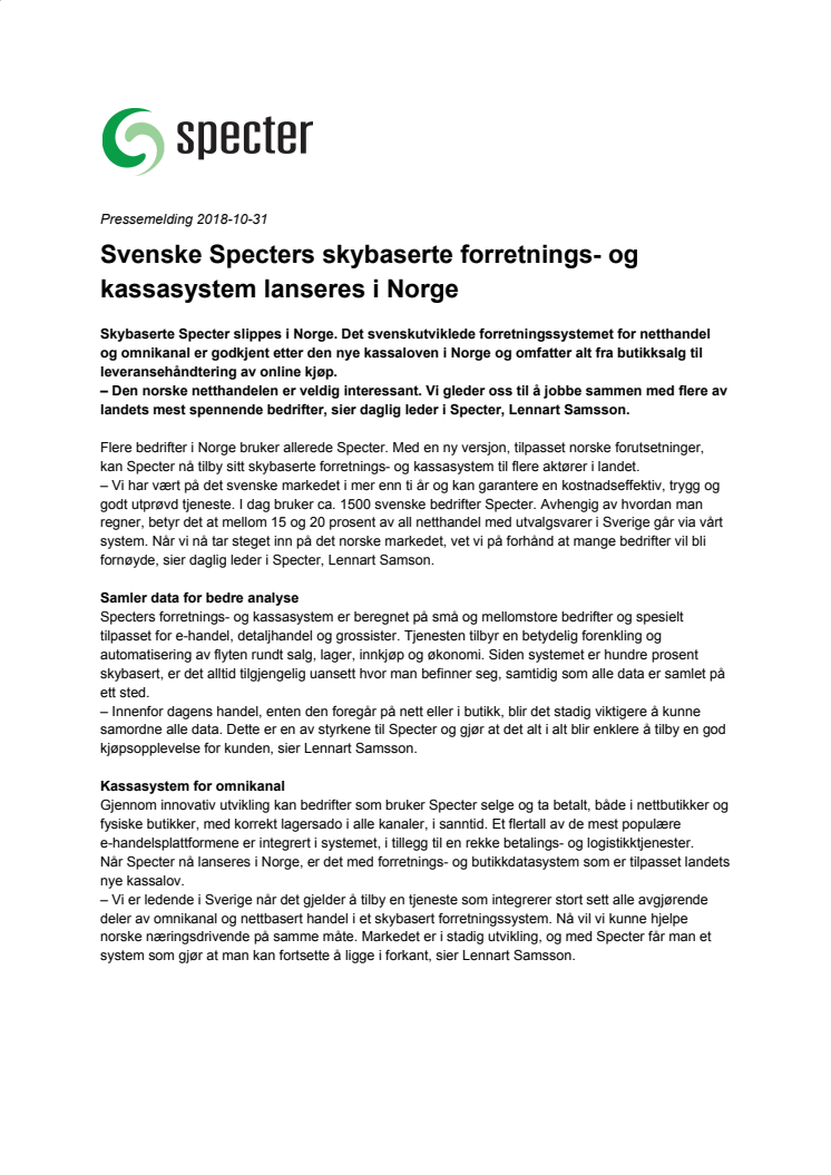 Svenska Specters molnbaserade affärs- och kassasystem lanseras i Norge