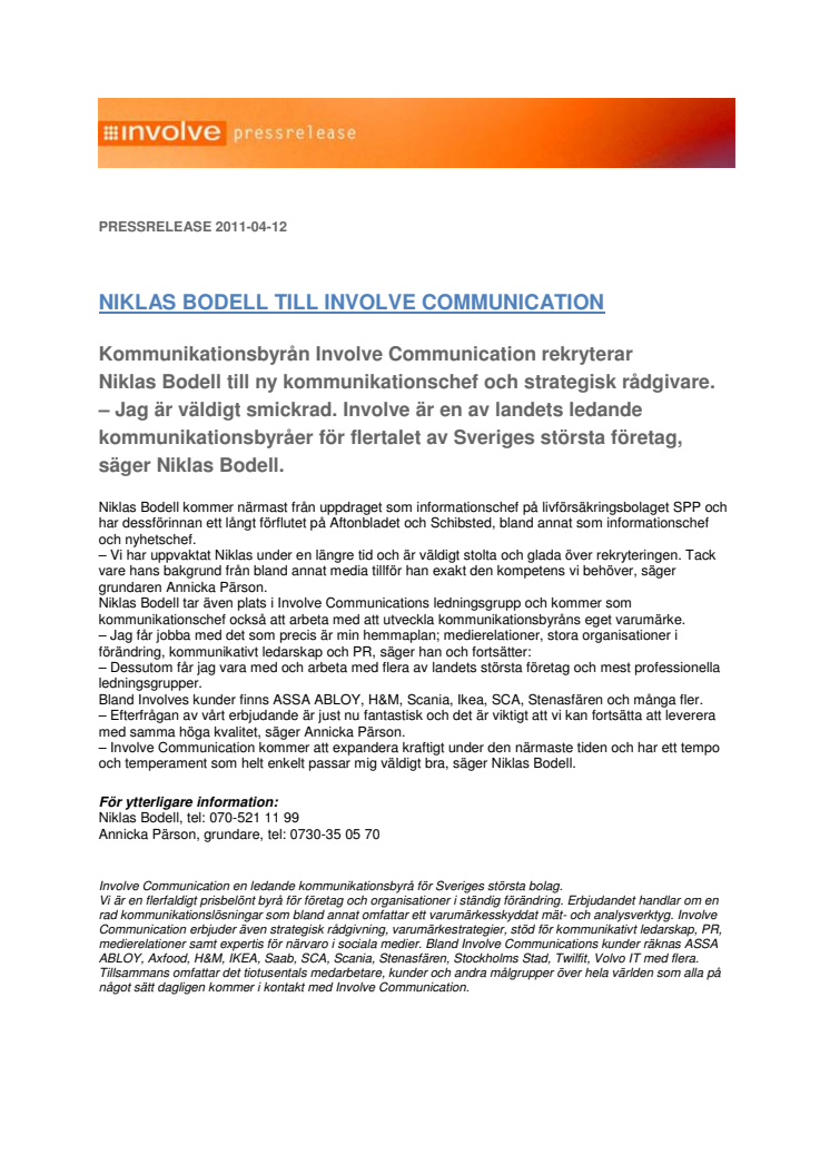 NIKLAS BODELL TILL INVOLVE COMMUNICATION