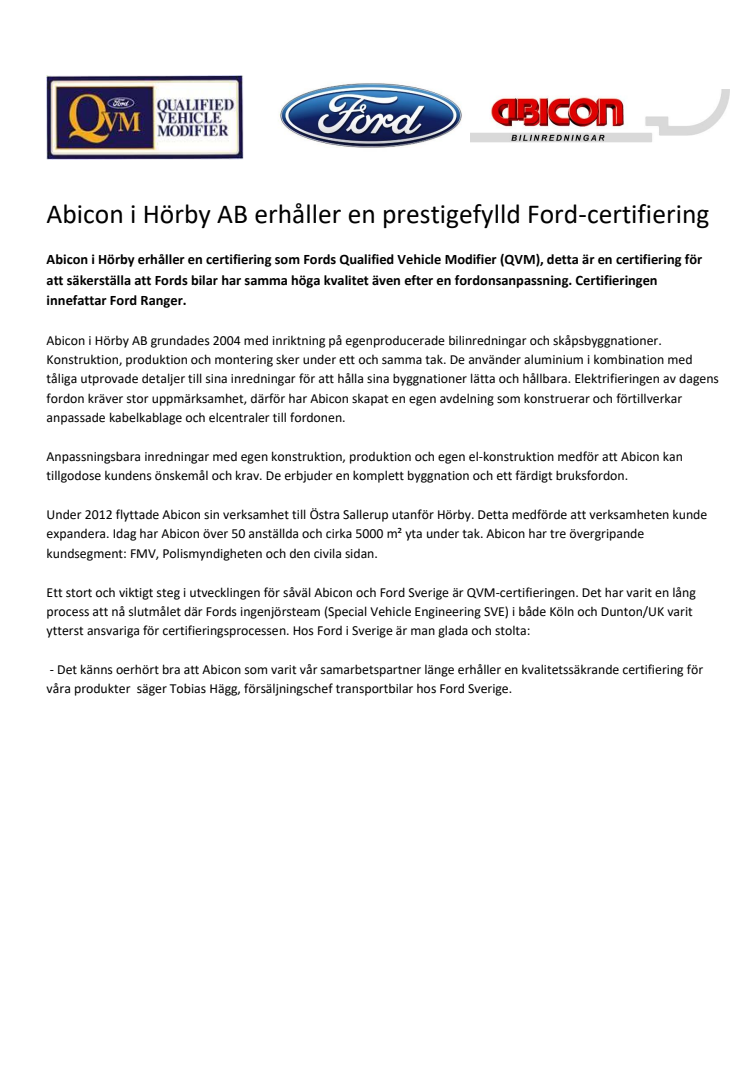 Abicon i Hörby AB erhåller en prestigefylld Ford-certifiering