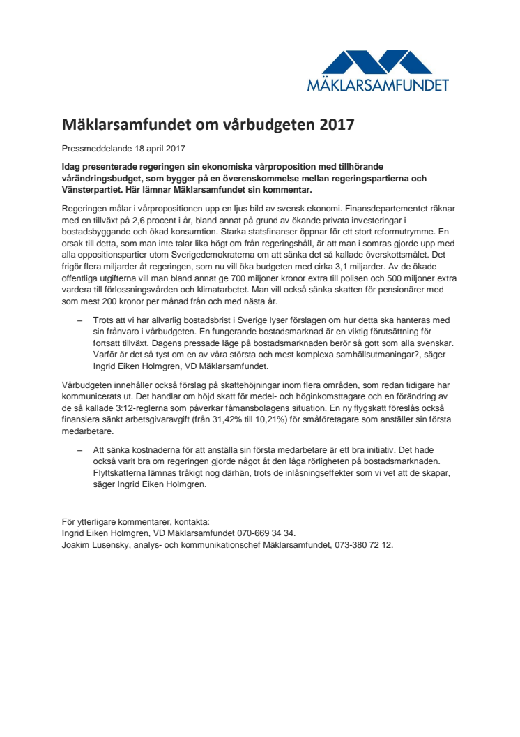 Mäklarsamfundet om vårbudgeten 2017
