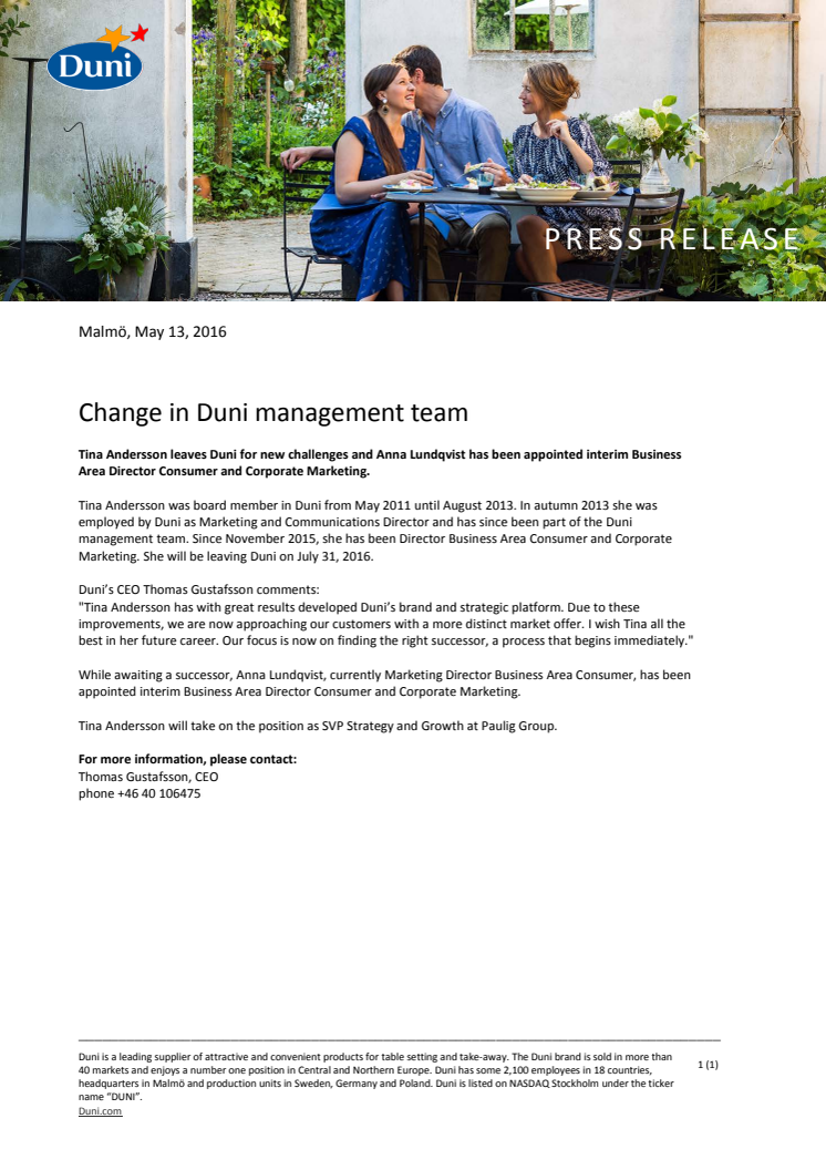 Change in Duni management team