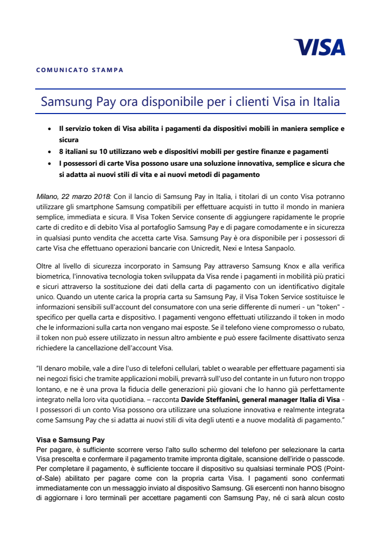 Samsung Pay ora disponibile per i clienti Visa in Italia