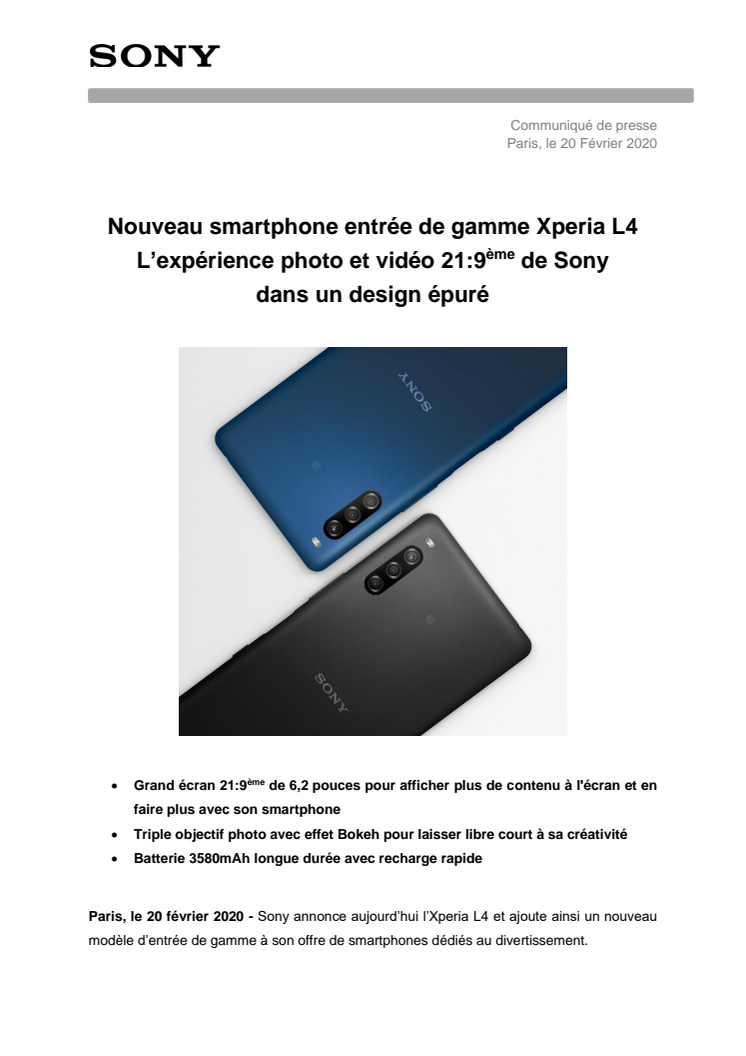 Nouveau smartphone entrée de gamme Xperia L4 L’expérience photo et vidéo 21:9ème de Sony dans un design épuré