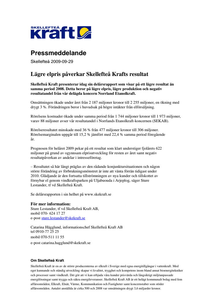 Lägre elpris påverkar Skellefteå Krafts resultat