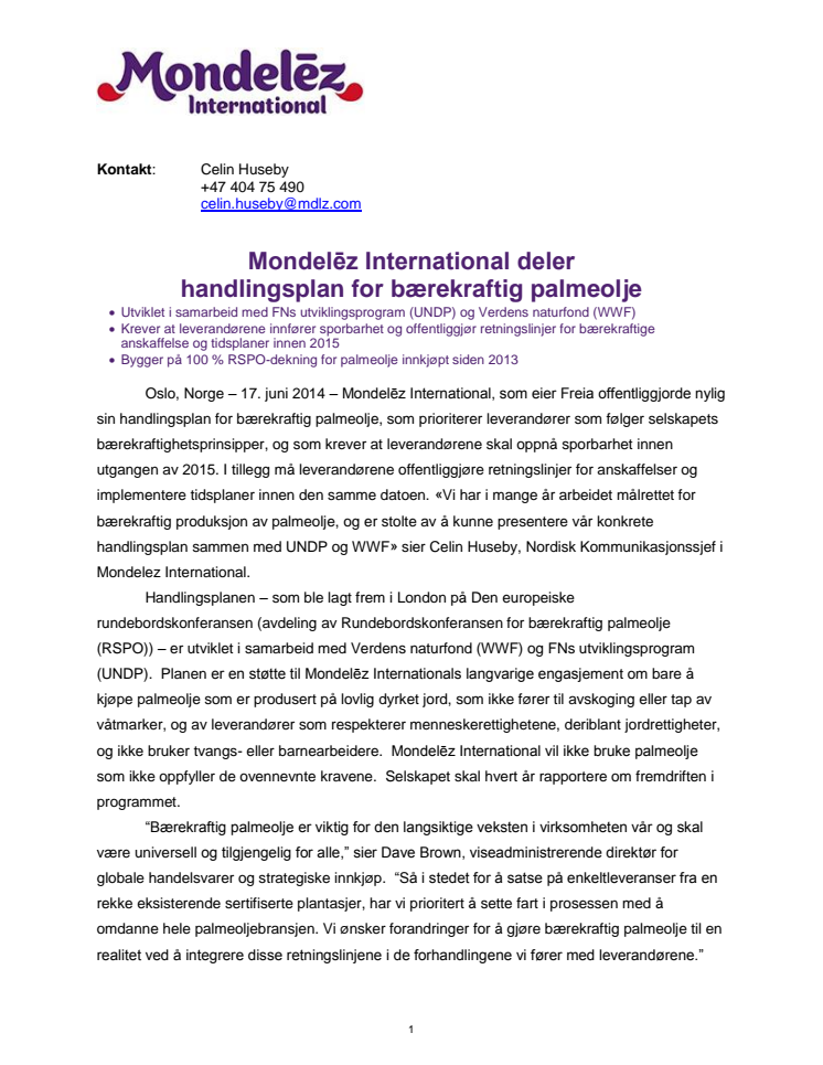 Mondelēz International deler handlingsplan for bærekraftig palmeolje