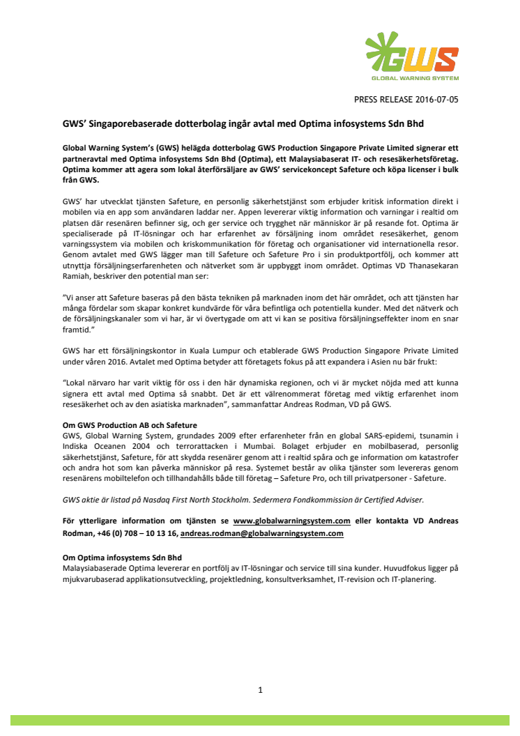 GWS’ Singaporebaserade dotterbolag ingår avtal med Optima infosystems Sdn Bhd