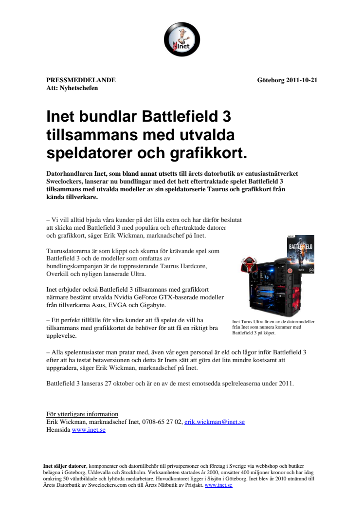 Inet skickar med Battlefield 3 tillsammans med utvalda speldatorer och grafikkort.