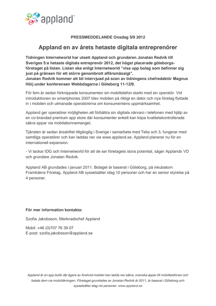Appland en av årets hetaste digitala entreprenörer