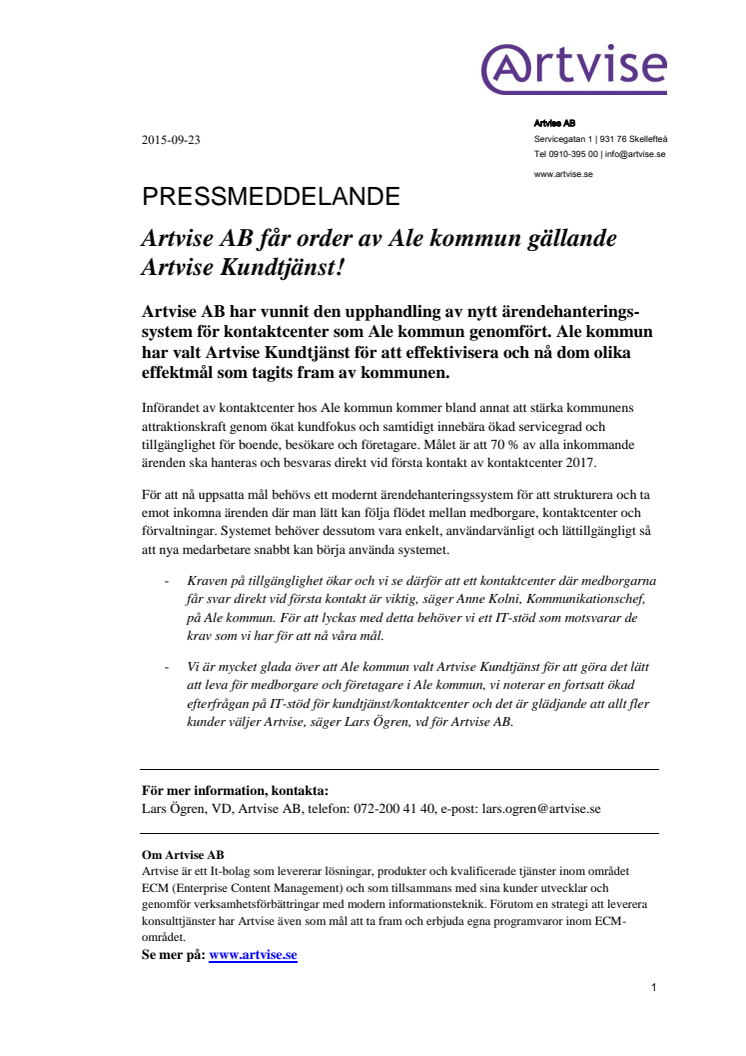 Artvise AB får order av Ale kommun gällande Artvise Kundtjänst!
