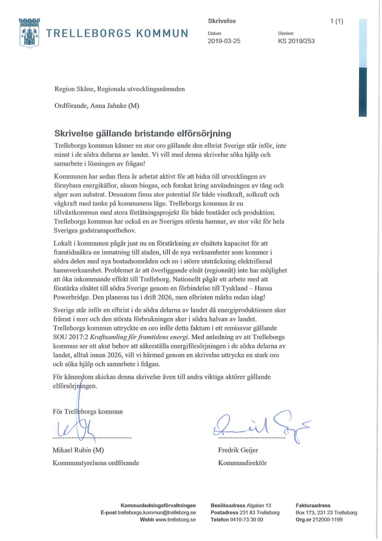 Skrivelse från Trelleborgs kommun