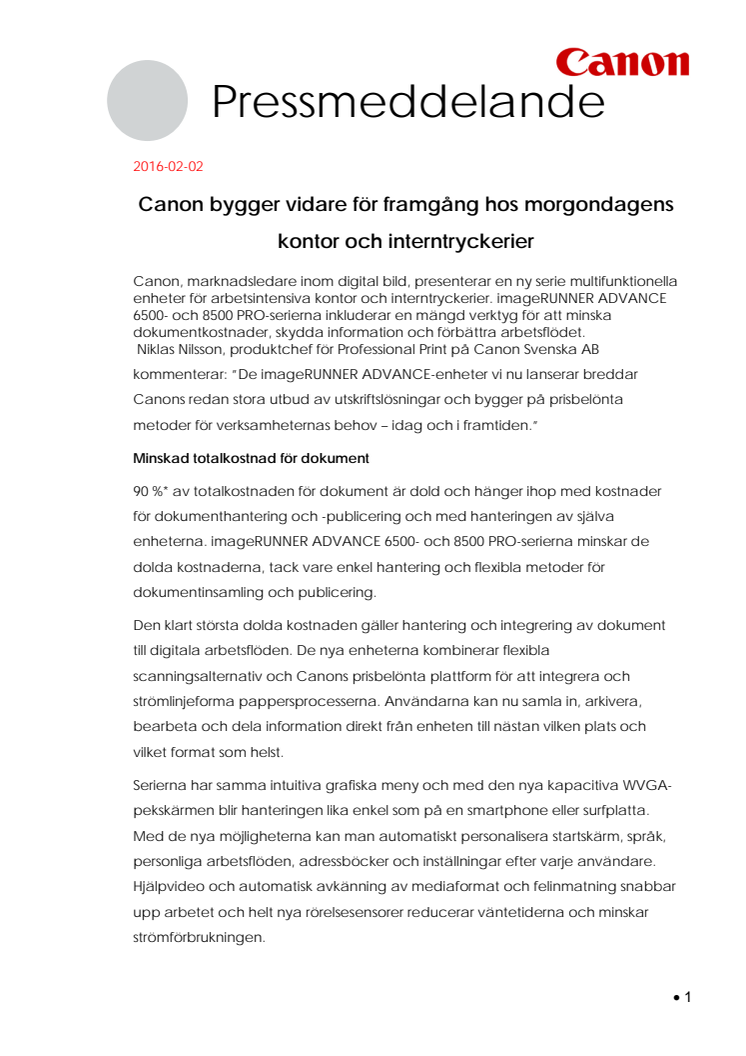 Canon bygger vidare för framgång hos morgondagens kontor och interntryckerier 