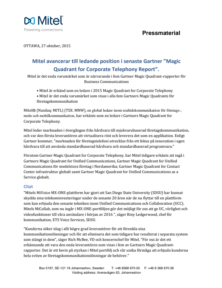 Mitel avancerar till ledande position i senaste Gartner ”Magic Quadrant for Corporate Telephony Report”