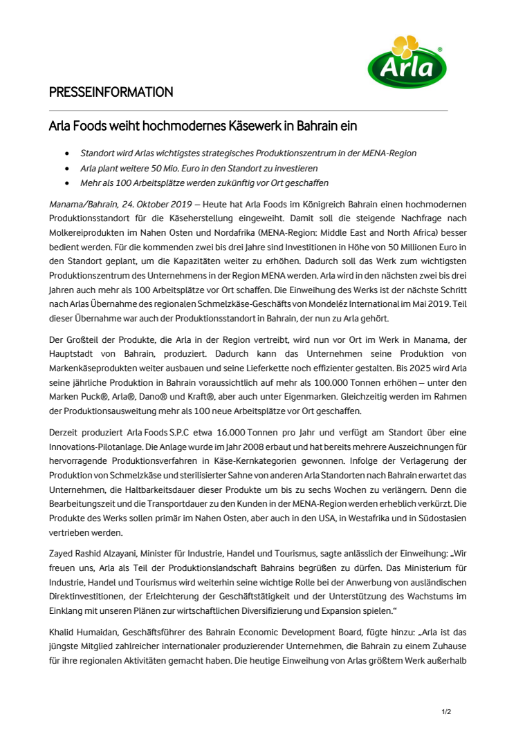 Arla Foods weiht hochmodernes Käsewerk in Bahrain ein