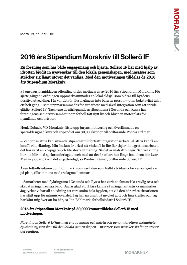 2016 års Stipendium Morakniv till Sollerö IF