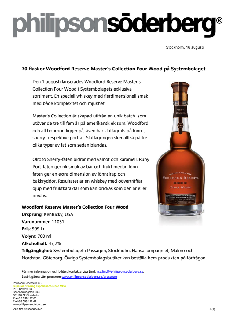 70 flaskor Woodford Reserve Master´s Collection Four Wood på Systembolaget