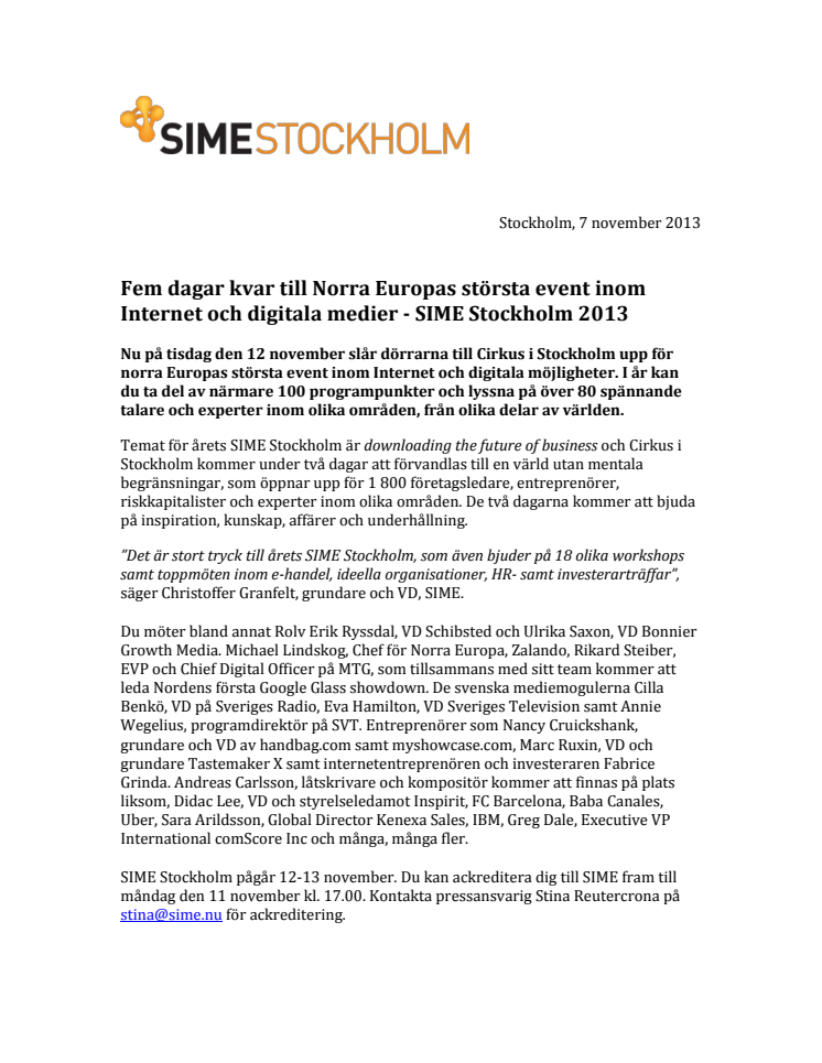 Fem dagar kvar till Norra Europas största event inom Internet och digitala medier - SIME Stockholm 2013  