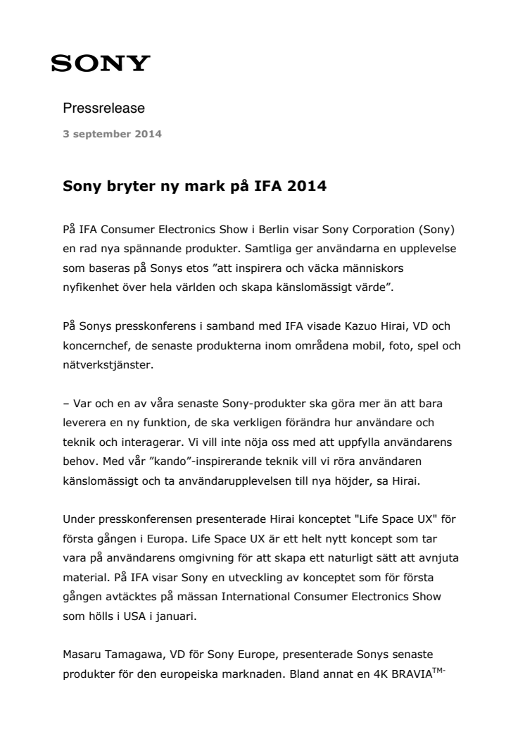 Sony bryter ny mark på IFA 2014