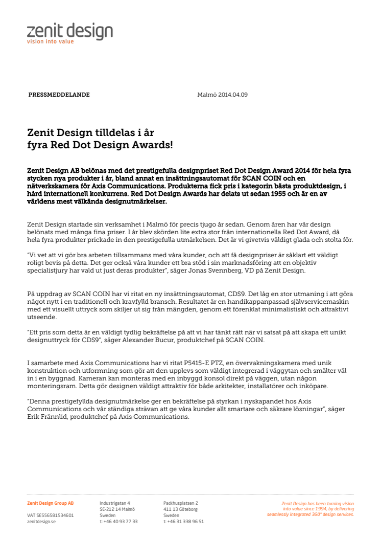 Zenit Design tilldelas i år fyra Red Dot Design Awards!